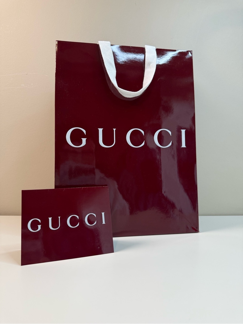 Gucci Large Burgundy Glossy Shopping Bag + Matching Card Envelope Packaging